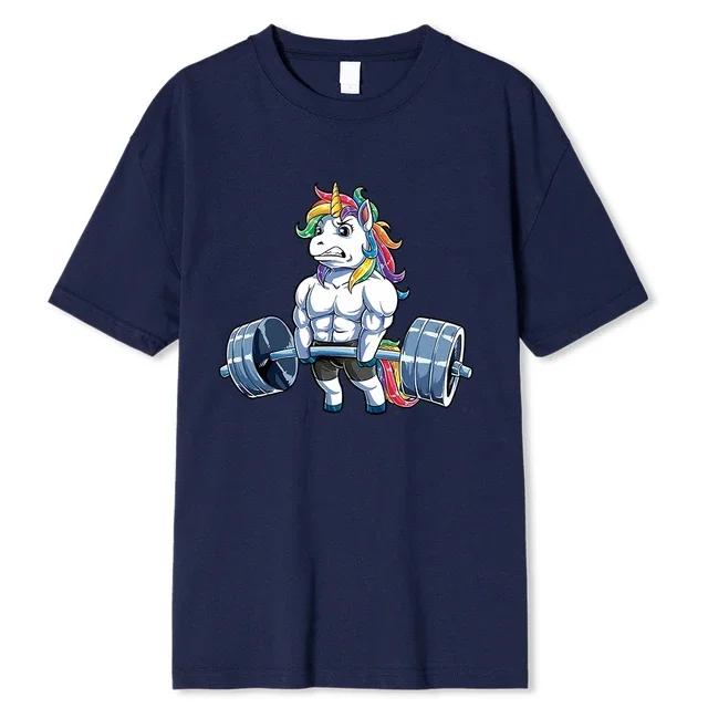 

funny Gym Unicorn Fitness Bodybuilding Crewneck T Shirt Men Casual Short Sleeve Tees Tops Dropshipping XXXXXL темно-синього кольору