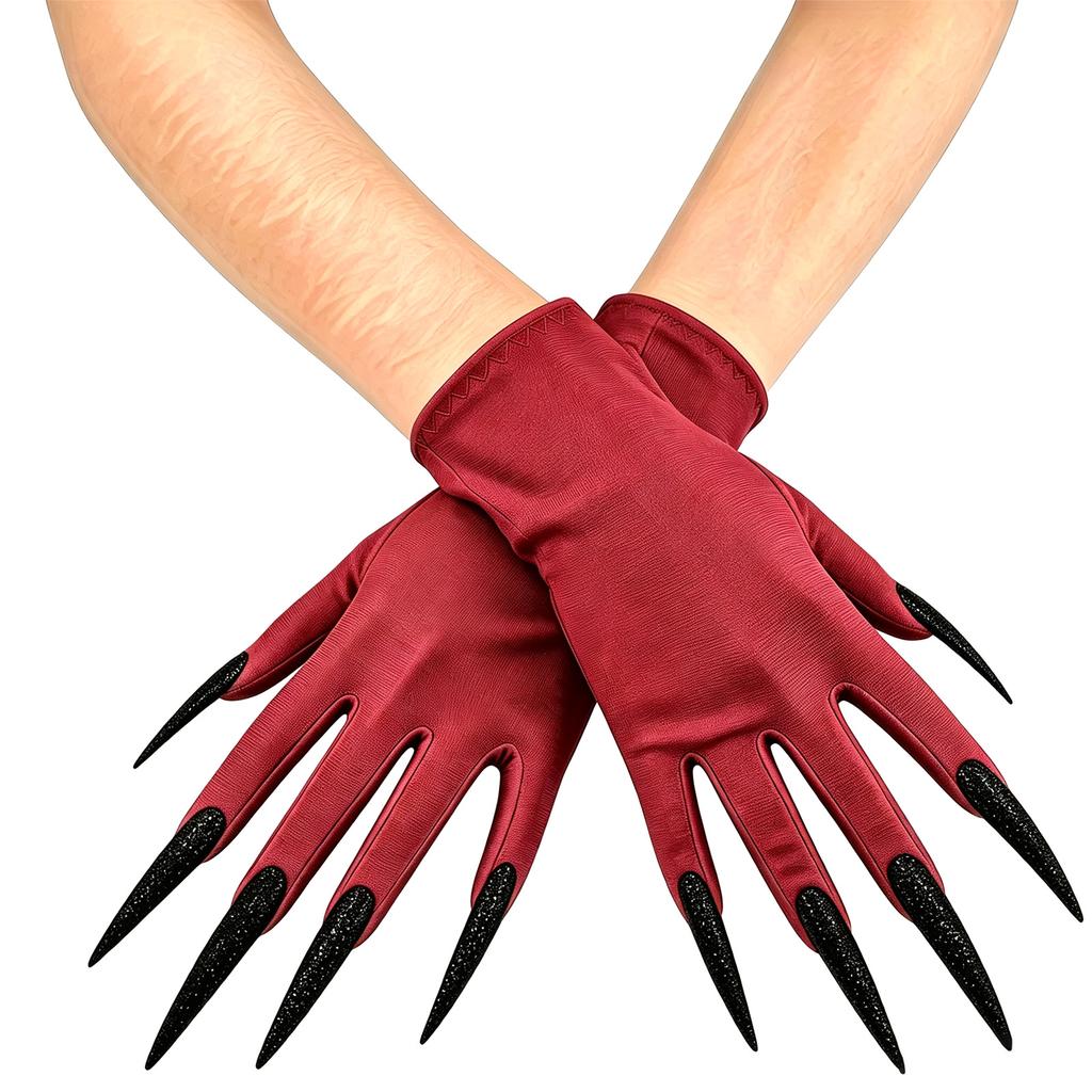 Dark Gloves with Long Nails for Halloween Witch Party, Short Stretch Fit