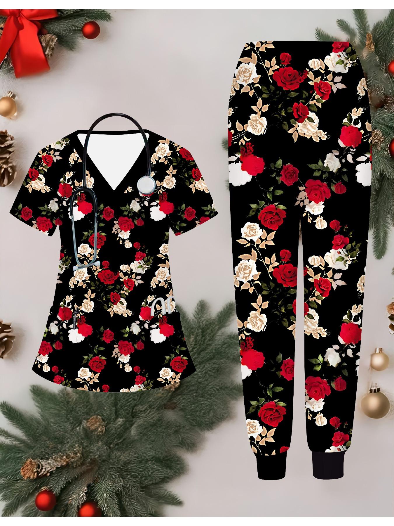 

Женский комплект медсестры с 3D-принтом цветов, короткий рукав, длинные брюки с карманом, повседневный, модный, рождественский подарок S