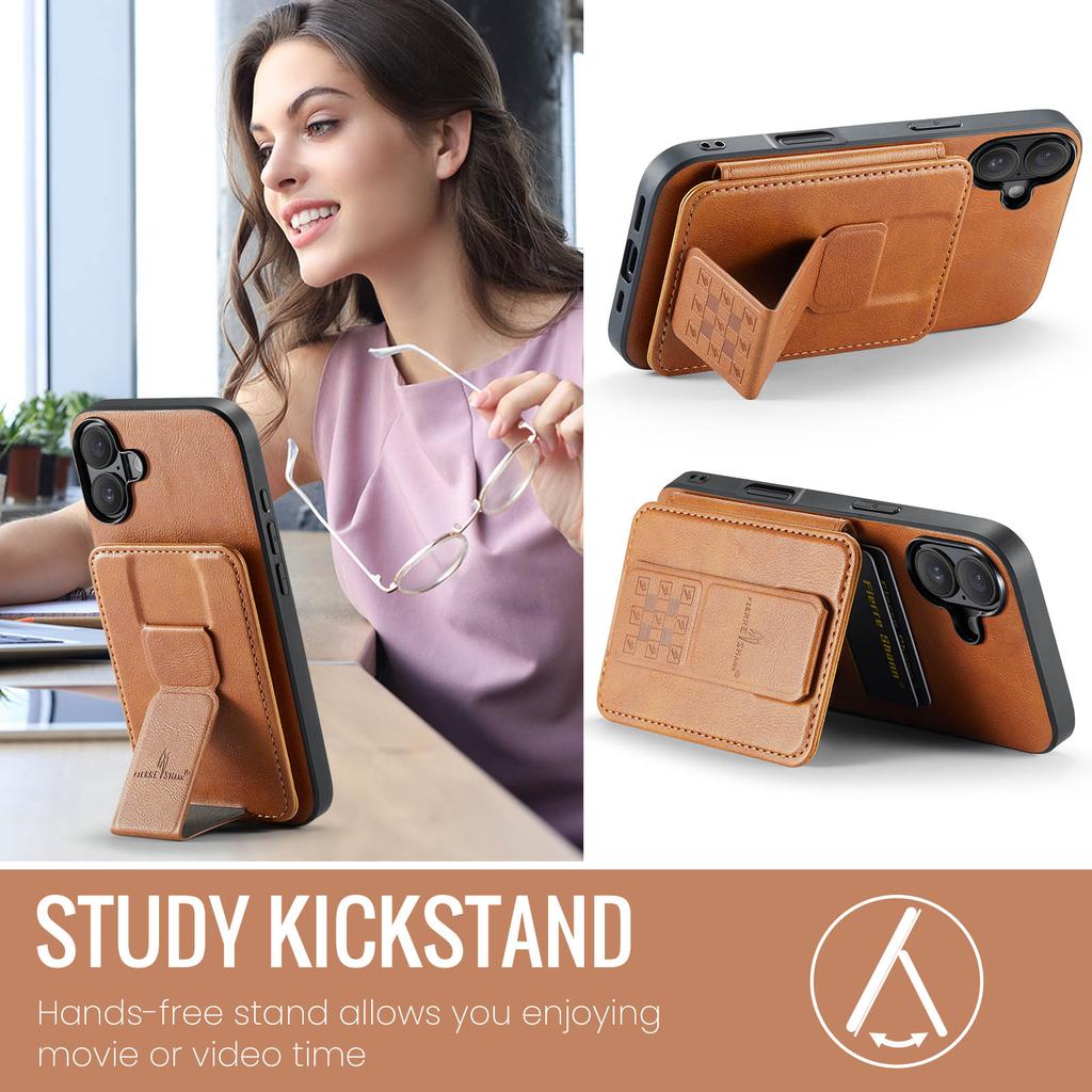 FIERRE SHANN 024 For iPhone 16 Case Card Holder Kickstand Waxy Texture Leather+TPU Phone Cover