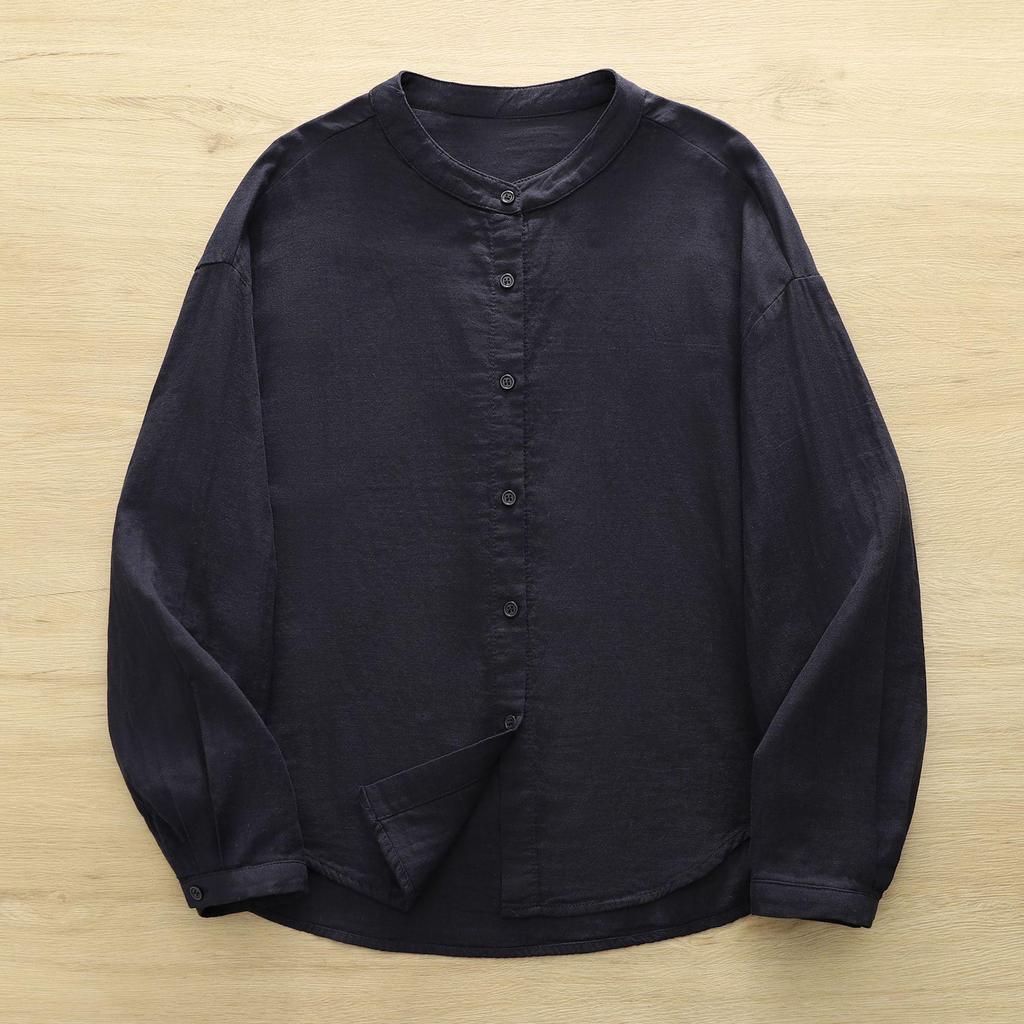 Women's Stand Collar Long Sleeve Cotton Gauze Shirt - Solid Color, Breathable, Slimming, 2026 Spring/Autumn Collection
