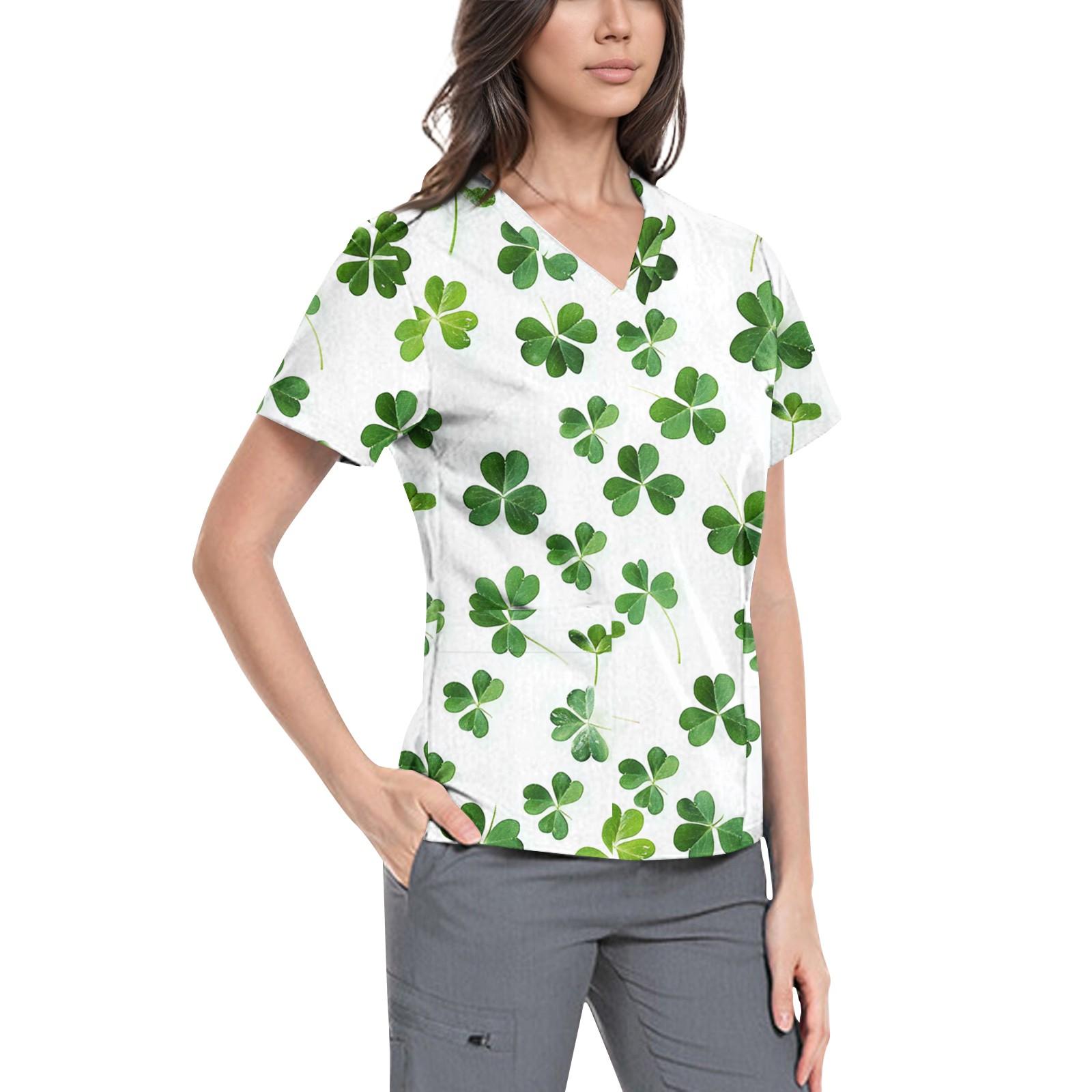 

Женская симпатичная принтованная рабочая одежда с V-образным вырезом, двухслойными карманами, базовым коротким рукавом, пуловером XXXXXL белый