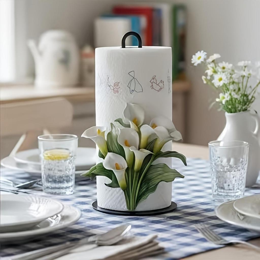 Iron Paper Towel Holder Tissue Roll Storage Rack Counter Paper Towel Holder With 2D Flower Pattern For Home Apartment (no Paper)