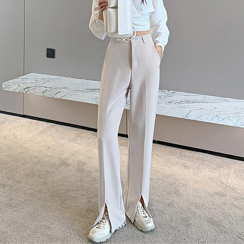 Elegant Fashion Casual Simple Split Office Ladies Pants New Solid Slim Fit Wide Leg Pants Women High Waist Loose Floor Length Trousers Women 2340