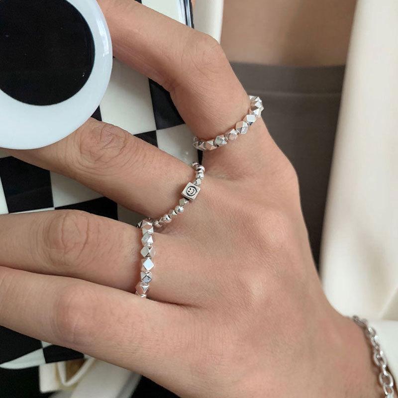 S925 Stunning Silver Geometric Open Adjustable Ring For Women With Elegant Smiley Design Face