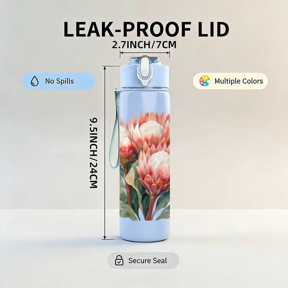 1PC Pink Protea Wild Flower Bloom 750ml Color Plastic Sports Water Bottle Leakproof Flip Straw Lid For Sports Office Home Use