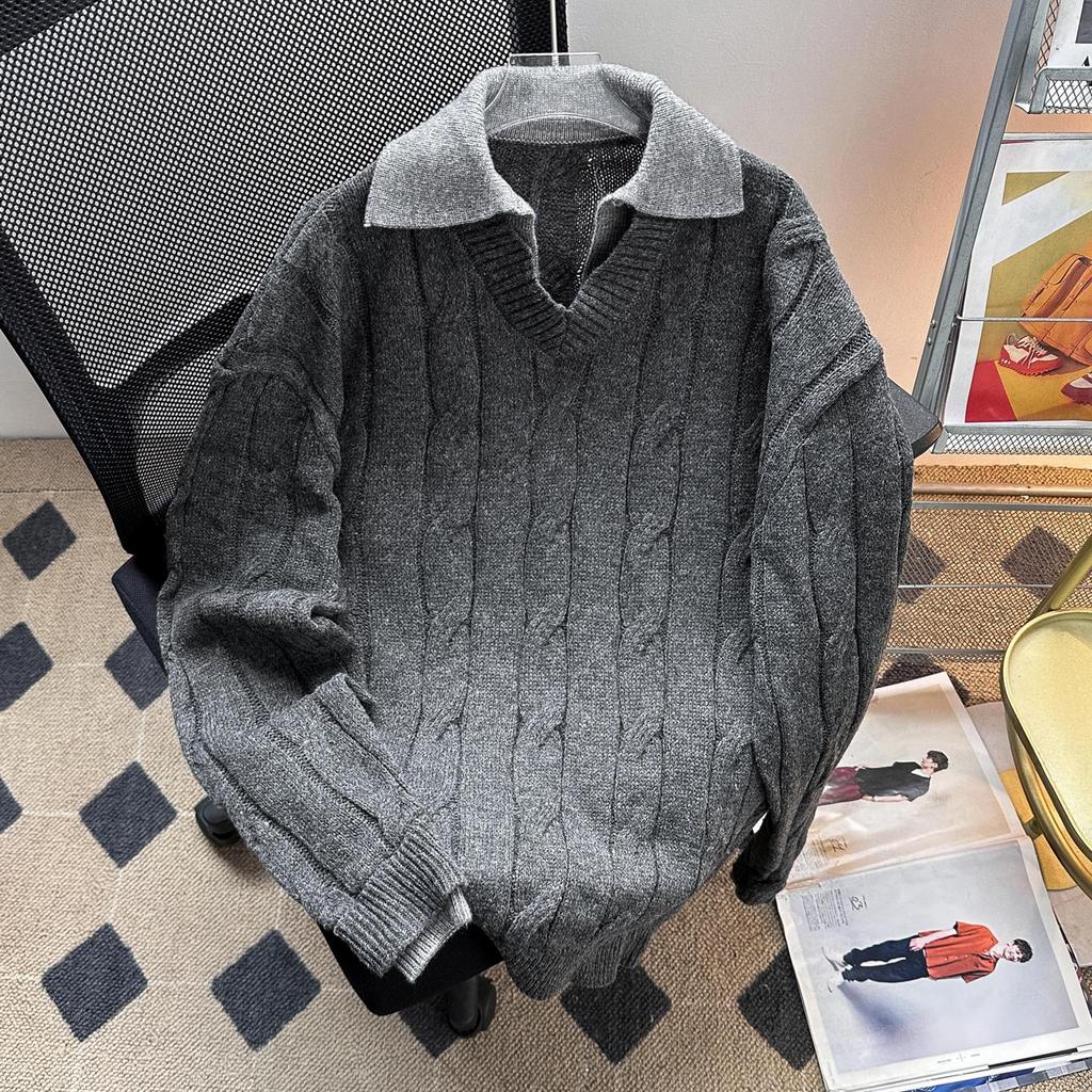 Men's Autumn Retro Faux Two-Piece Cable Knit Polo Sweater – Versatile Loose-Fit Pullover Knitwear
