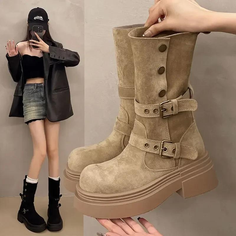 Women's Long Boots 2025 Spring New Style Fashionable Two-piece Lapel Mid Leg Boots Retro Versatile Thick Soled Motorcycle Boots