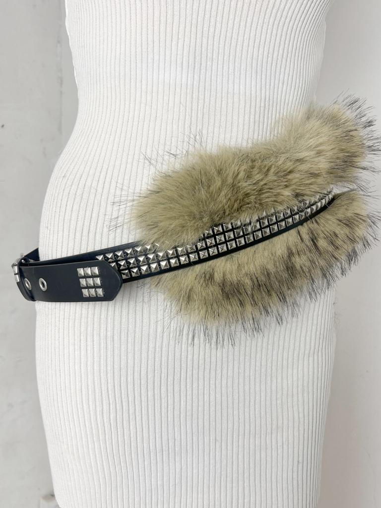 Sparkly Rhinestone Faux Fur Patchwork Waist Belt with Pin Buckle - Y2K Leather Eyelet Design