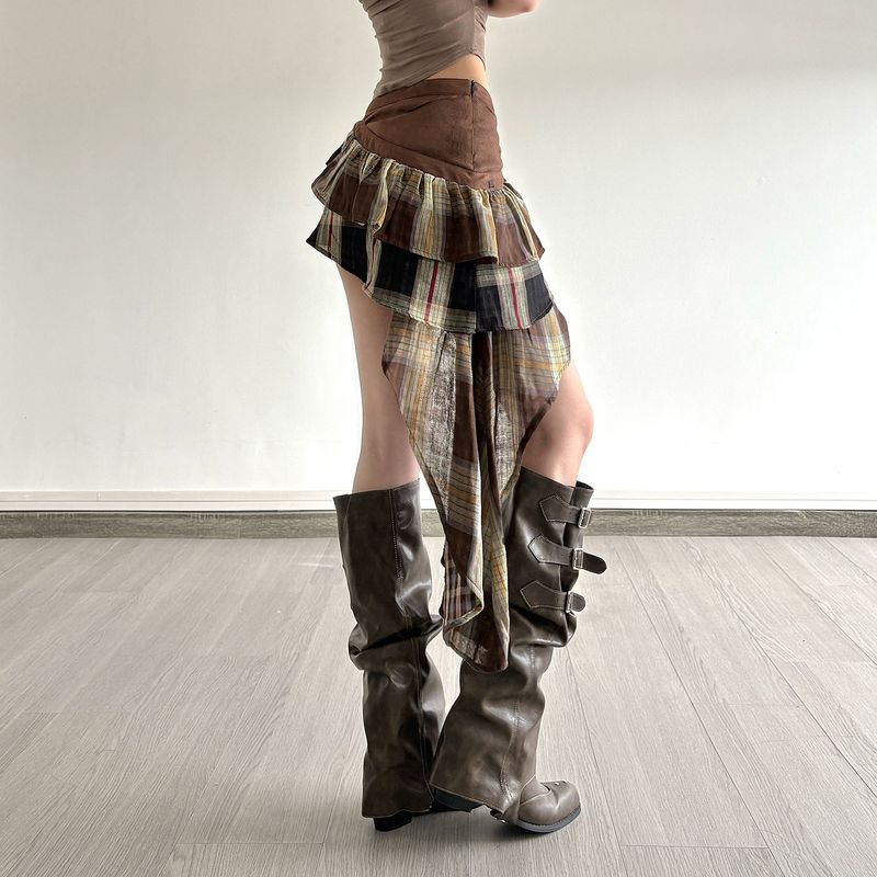 Amerikanischer Retro-Stil Ins Street Style Heißes Mädchen Hippie Ödland Stil Patchwork Unregelmäßiger Saum Kurzer Rock für Damen