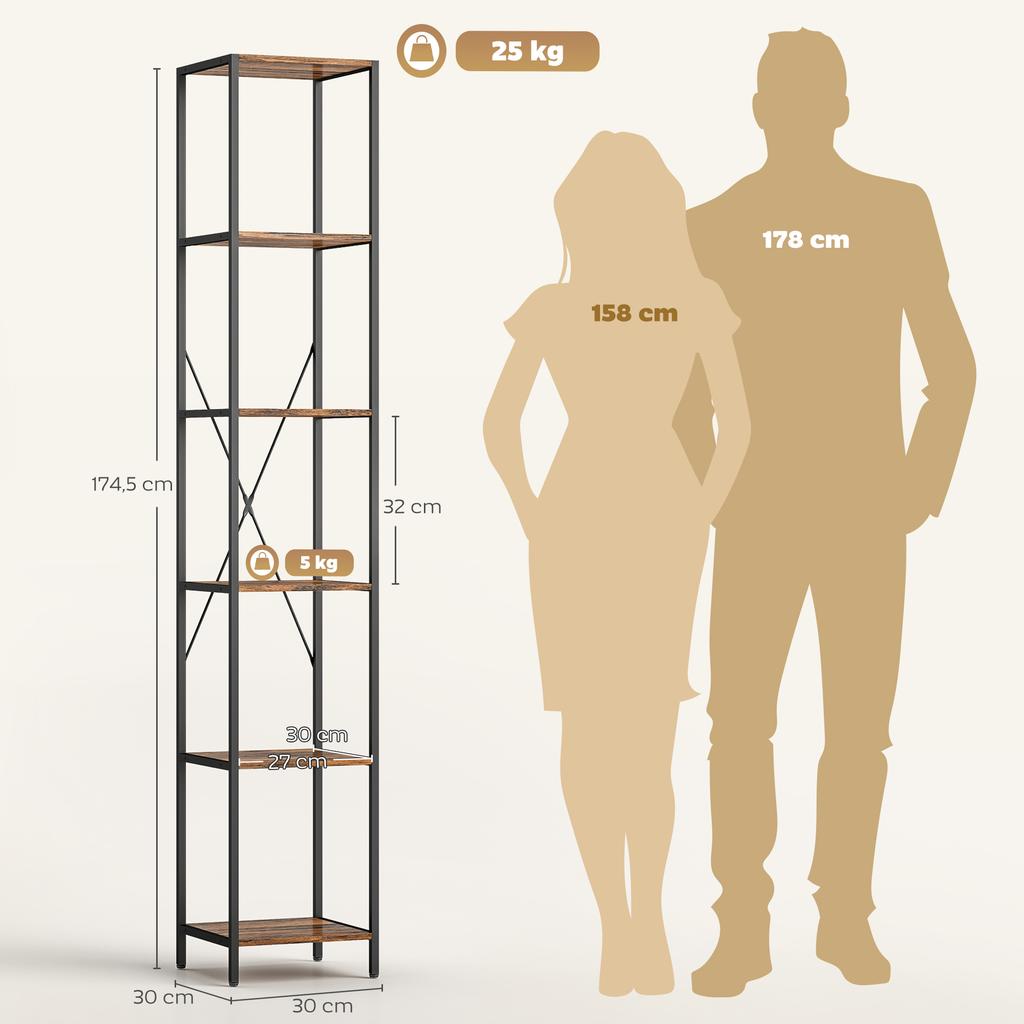 Set of 2 6-Level Bookshelves, Steel Frame, for Living Room, Office, Bedroom, Rustic Brown