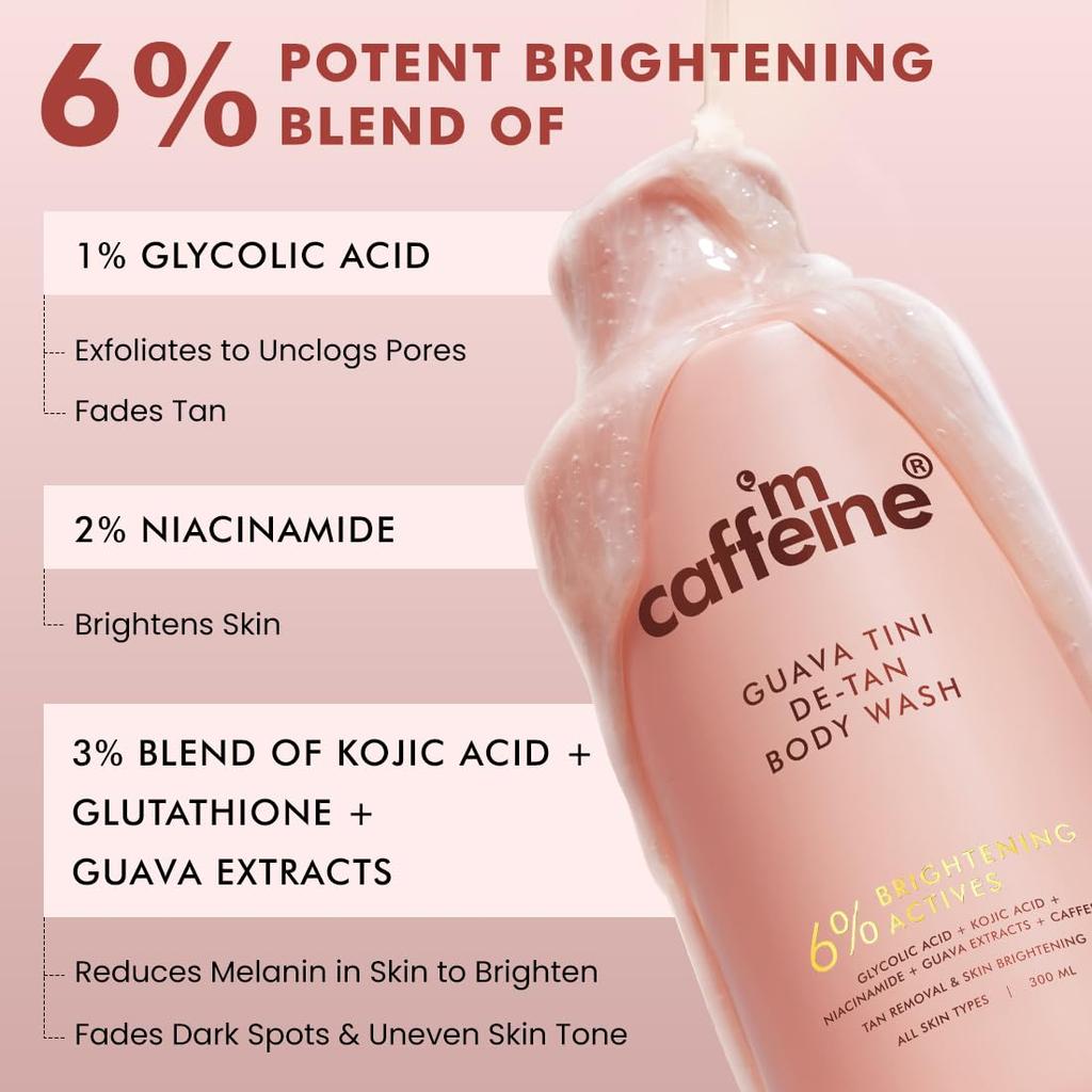 mCaffeine 1% Glycolic Acid Guava Detan Body Wash 300ml | Brightening, Hydrating, Dark Spot Reducing Bodywash for Men & Women