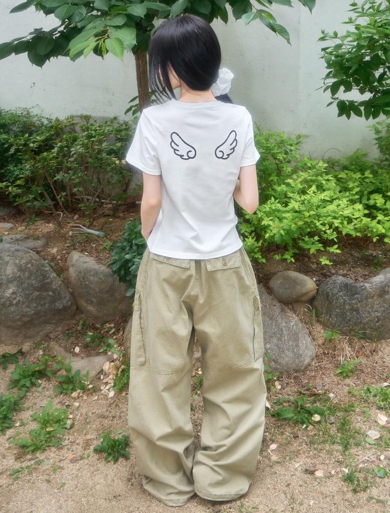Lupeu Dot Angel Diagonal Button Short Sleeve T-Shirt Ivory Solid