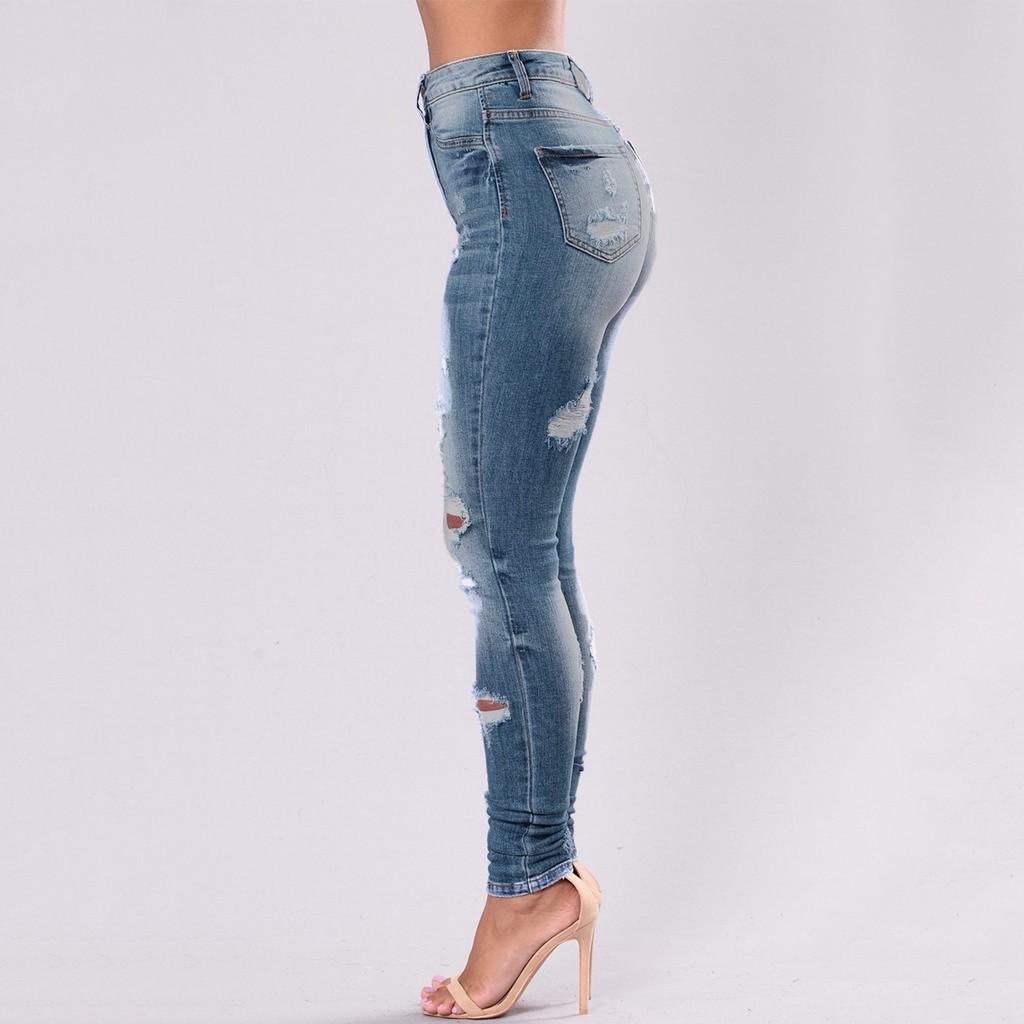 Women's High Waist Hole Jeans Button Pants Trousers Bell-bottom Pants