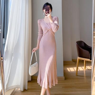 French Style Autumn Winter Women Ruffles Sweater Dress Pink Apricot Black Red Trumpet Knitting Dress Elegant Feminine Knitted Mermaid Dress