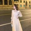 Damen figurbetontes quadratischer Ausschnitt Chiffonkleid - Langarm, mittellang, Britischer Stil für Frühling/Herbst