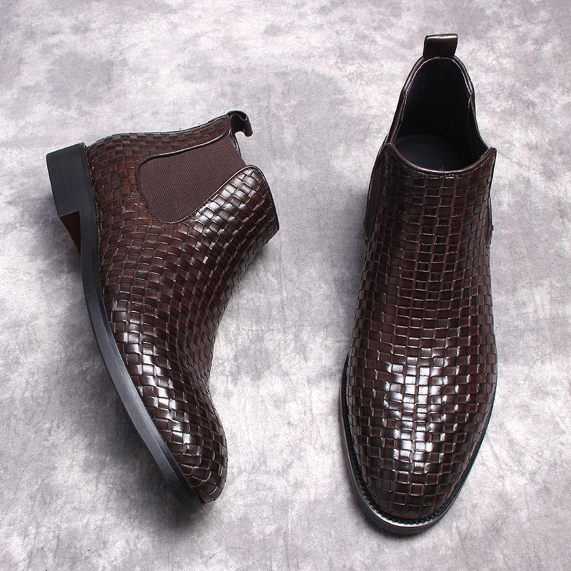 Men's Korean Style Woven Leather Slip-On Chelsea Boots