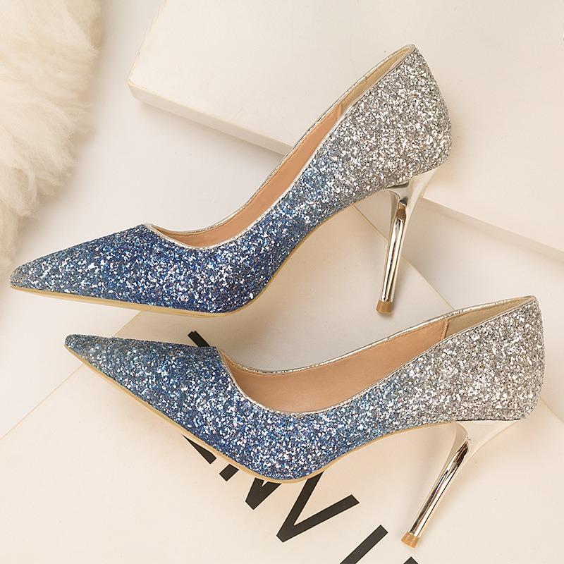 Wind Women's Shoes High Heels Shallow Mouth Pointed Gradual Change Sequins Sexy Thin Nightclub High Heels Single Shoes