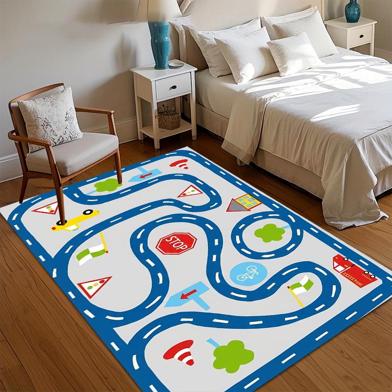 

Interactive Traffic Play Rug Car Track Print Non Slip Carpet Washable Floormat for Kids Room Playroom Educational Play Mat 40x60CM