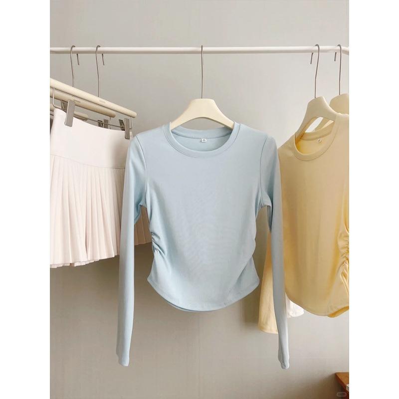 Card waist pleated white long-sleeved short top women's autumn small hot girl slim-fitting straight shoulder bottoming shirt T-shirt