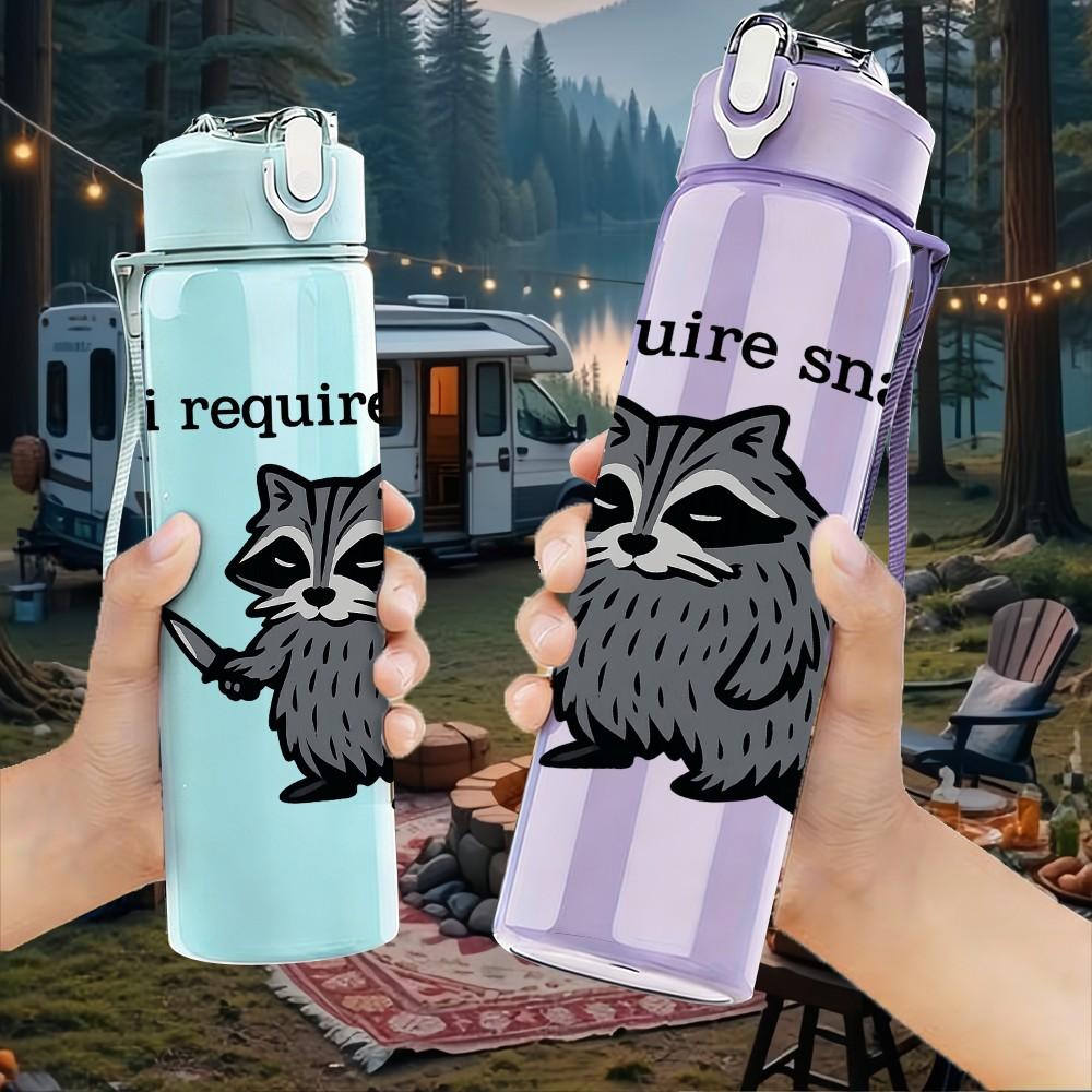 1PC I Require Snacks Raccoon Graphic 750ml Color Plastic Sports Water Bottle Leakproof Flip Straw Lid Suitable for Sports Office Home Use