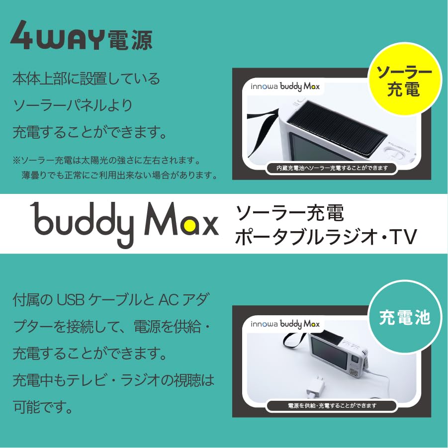 innowa buddy Max Hand-Crank Solar-Charged Portable TVRadio with AMWide FMShortwave, 5-Inch Large Screen, 4-Way Power Supply, LED Light, Siren, and