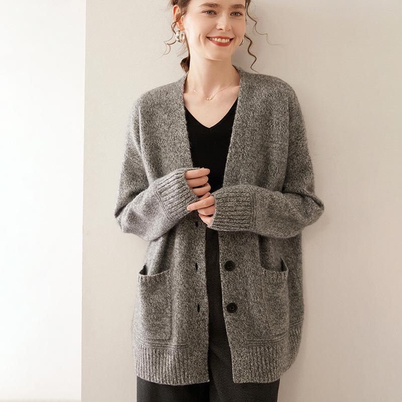 Women's V-Neck Cashmere Knit Cardigan - Autumn/Winter, Long Sleeve, Thick, Stylish & Versatile.