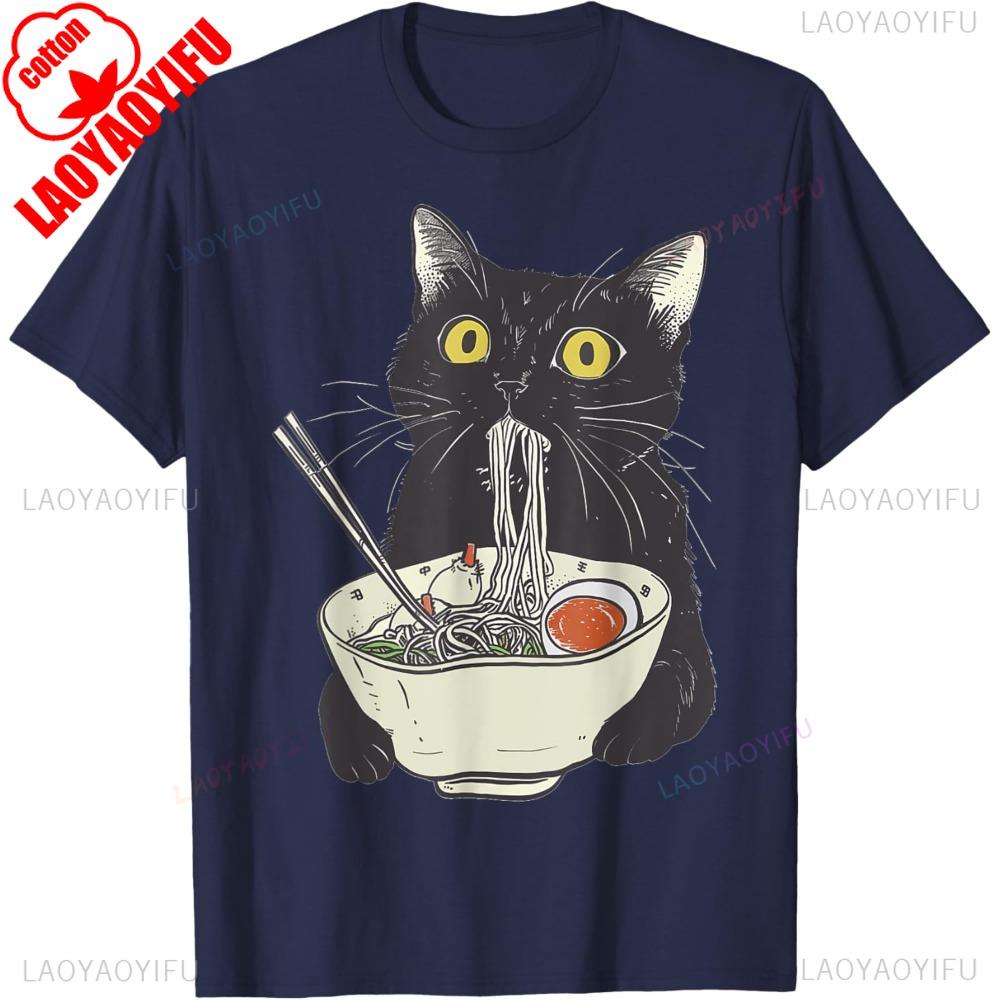 Japanese Cat Funny Cat Eating RaUnisex Vintage Japanese Noodles TShirt Casual Fashion Loose Streetwear Short Sleeve Unisex T Shirt