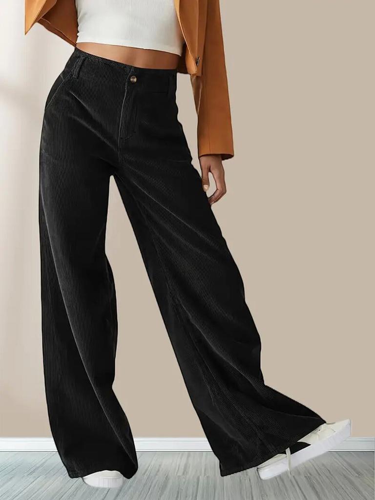 Women's High Waist Corduroy Pants Straight Leg Micro Stretch Pockets Casual Long Trousers For Autumn Winter