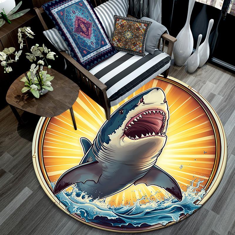 Great White Shark Round Area Rug,Carpet Rug for Living Room Bedroom Sofa Playroom Decor,Non-slip Floor Mat