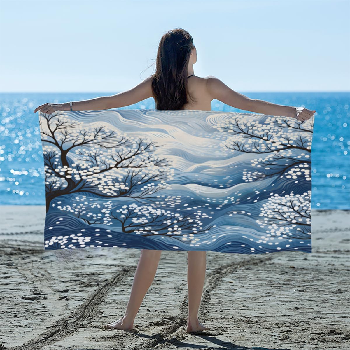 

Plum Blossom Wavy Large Beach Towel for Adults Quick Dry Pool Towel Travel Bath Towel Sandproof Beach Blanket for Swimming W30*H60(CM)