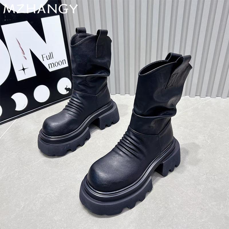 Fashion Women Platform Ankle Boots Mid Heels Leather Pleated Shoes Woman 2024 Trend Snow Boots New Goth Winter Motorcycle Boots Mujer