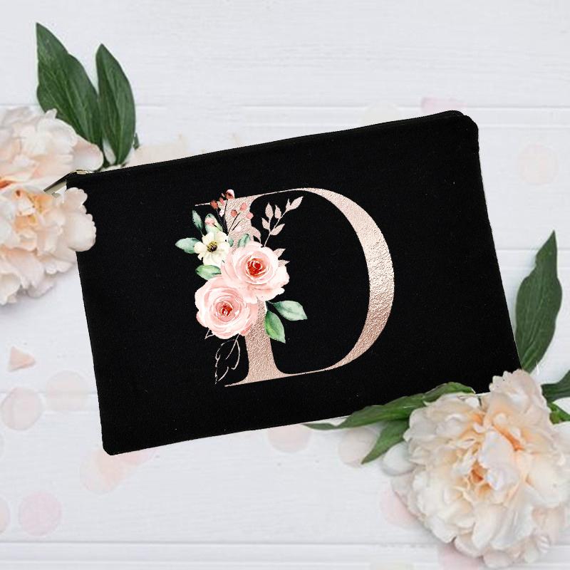 Borsa per il trucco floreale con alfabeto, damigella d'onore, damigella d'onore, festa, matrimonio, addio al nubilato, regalo, in tela, con cerniera, per cosmetici