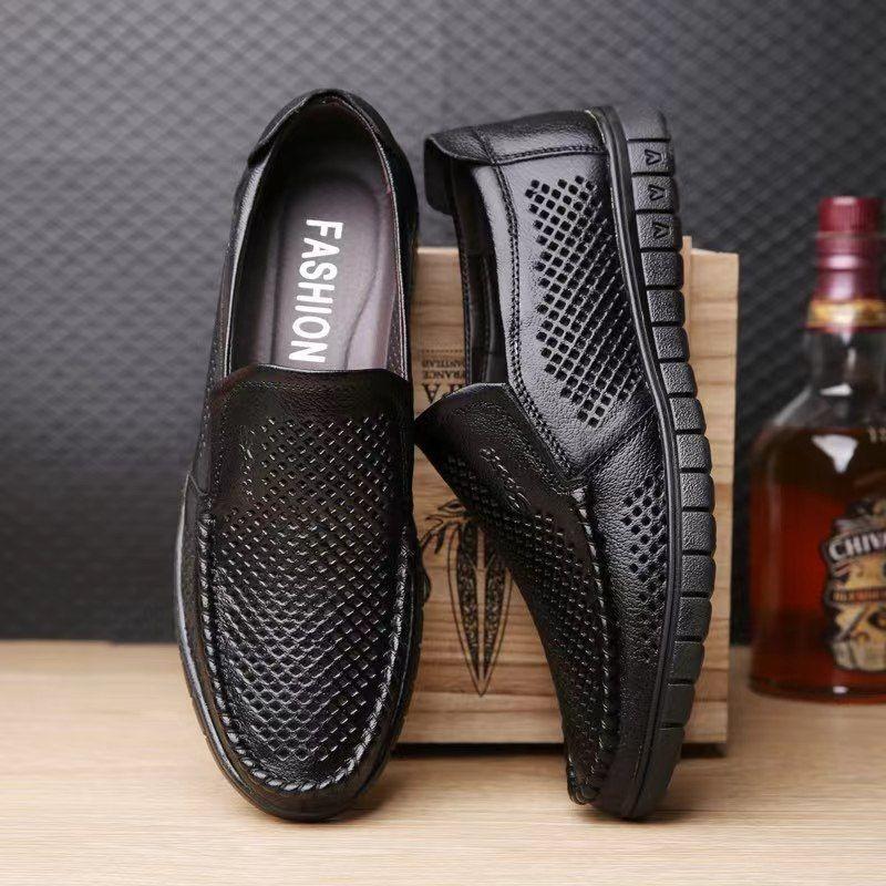 Summer Men Loafers High Quality Cowhide Leather Shoe Breathable Hollow Out Sandals Mesh Casual Driving Shoes Men's Slip-on Flats