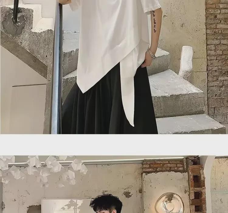 Pánské asymetrické tmavé niche holičské tričko Yamamoto Yohji, velká velikost, krátký rukáv