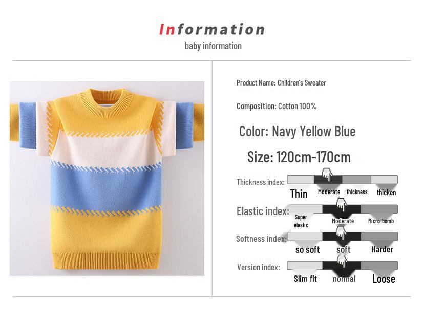 Boy's Round Neck Knit Sweater - Pure Cotton, Fleece-Lined for Autumn/Winter