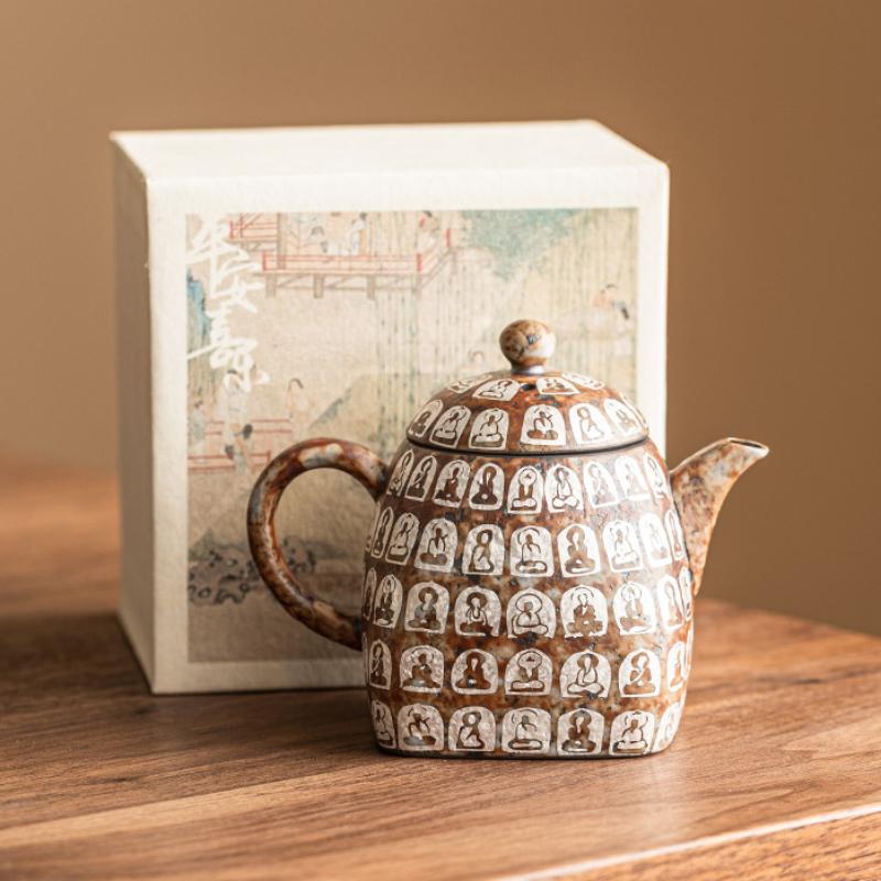 Gilt Silver Ten Thousand Buddhas Square Pot Chinese Retro Tea Set Household Small Teapot Ceramic Kung Fu Maker Single Teaware