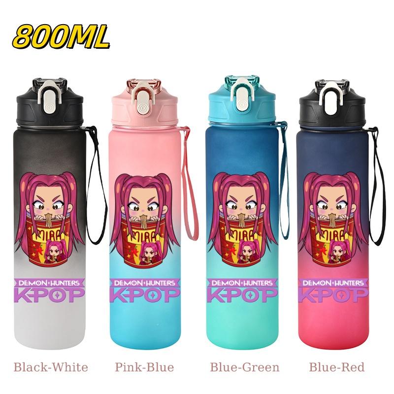 800ML KPop Demon Hunters Gradient Cartoon Print Large Capacity Straw Water Cup Outdoor Portable Sports Drink Bottles Travel Mug