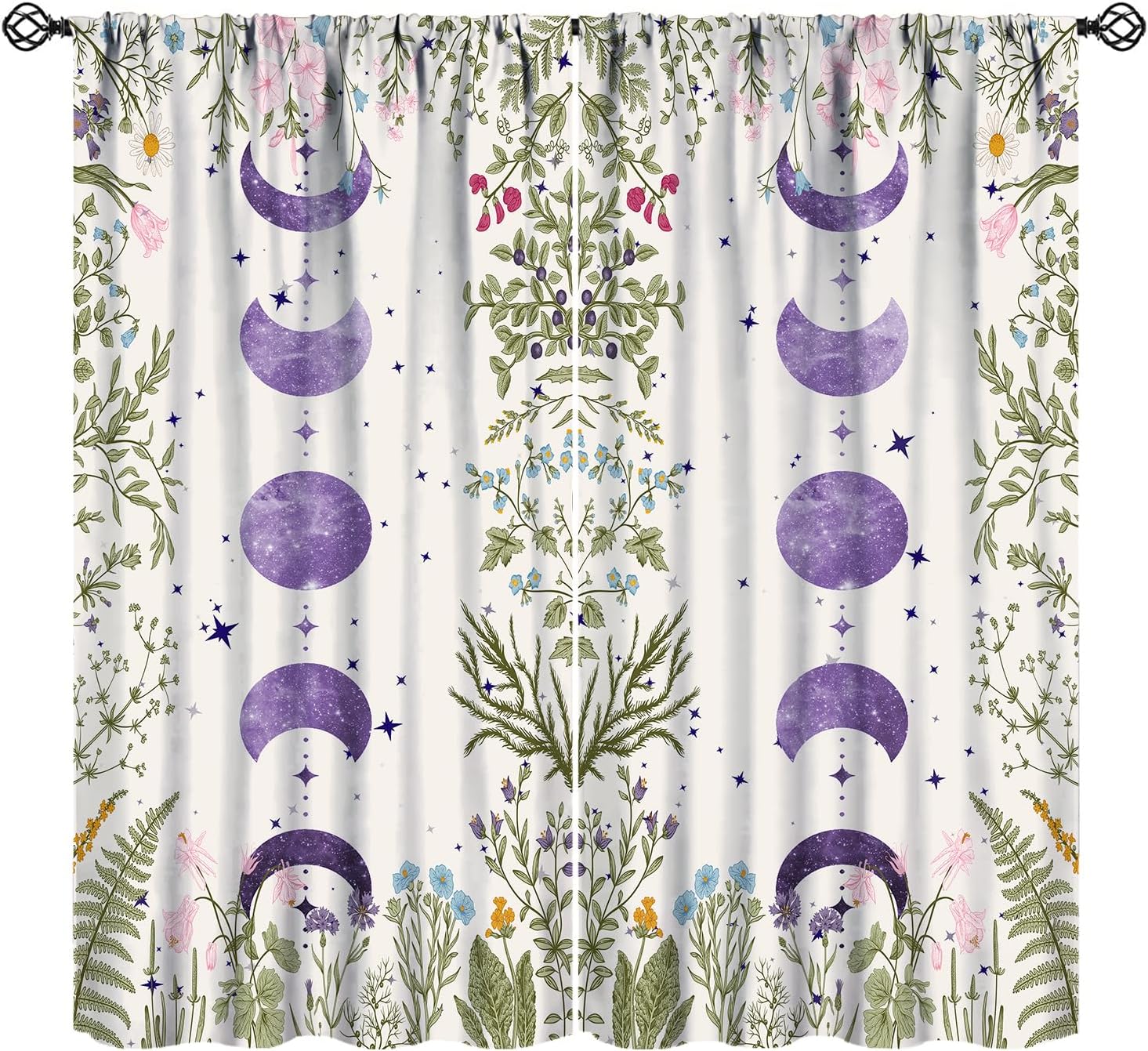 Vintage Moon Phase Curta, Retro Witchy Hands Magic Wildflower Floral Butterfly Mushroom Plant Insect Print Blackout Window 53x116CM-2PC
