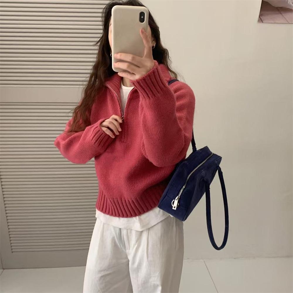 

Пуловер с воротником-стойкой на молнии, женский осенне-зимний, новый ленивый стиль, свободный, утолщенный, повседневный вязаный свитер-топ One size