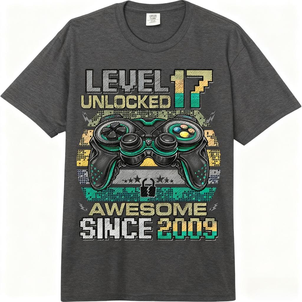 Level 17 Unlocked Awesome Since 2009 17th Birthday Retro Gaming Comfort Adult Unisex Fashion Loose 100% Cotton Casual T-Shirt