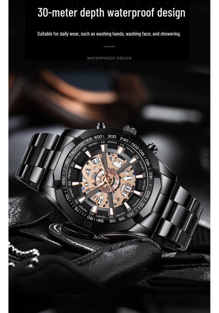 Binbond Skelett Non-Mechanisch Wasserdichte Herrenuhr - Schwarzes Metall & Blaues Design