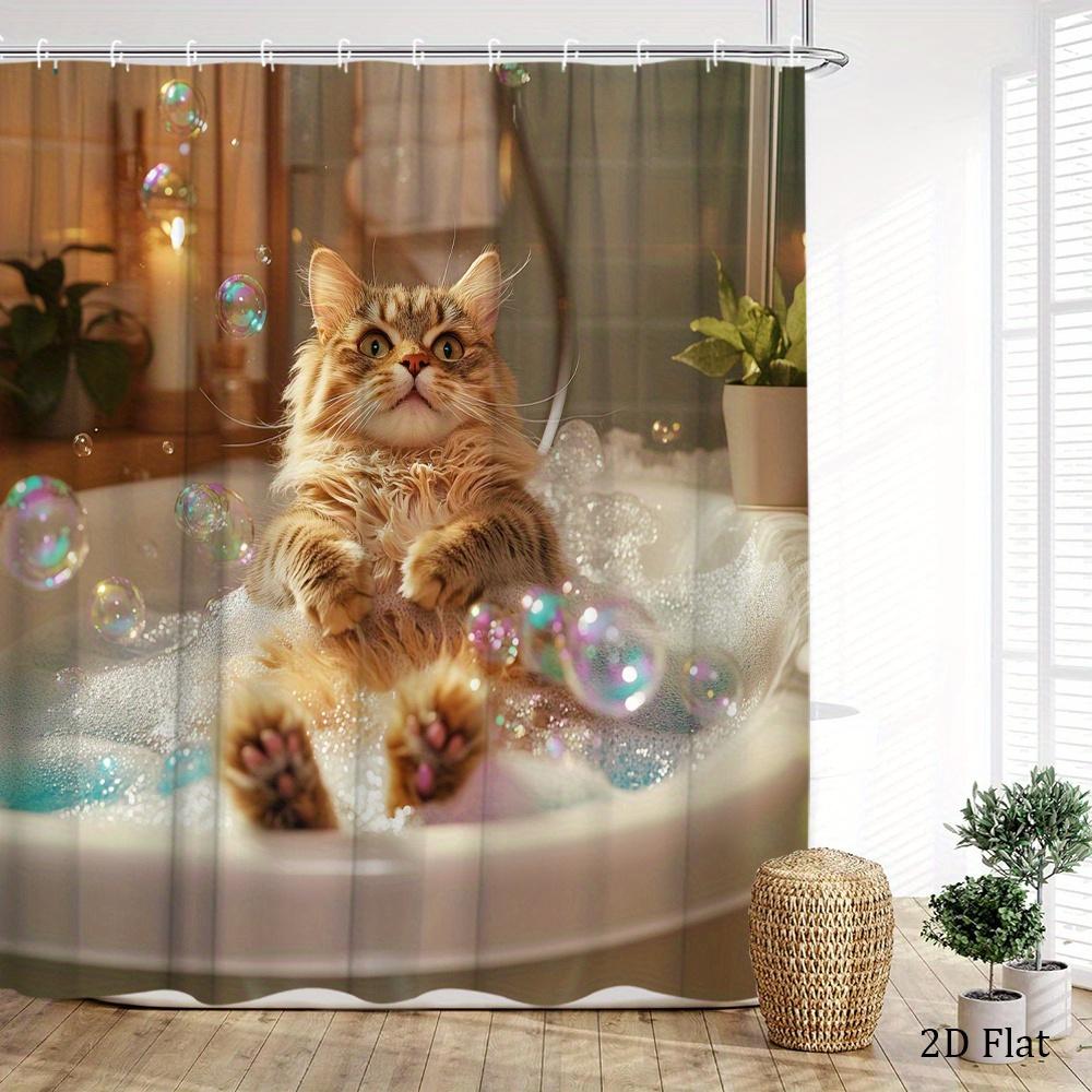 Cute Cat Bubble Shower Curtain Waterproof Polyester Bathroom Decor Shower Screen Pet Themed Home Accessories Gift Ideas