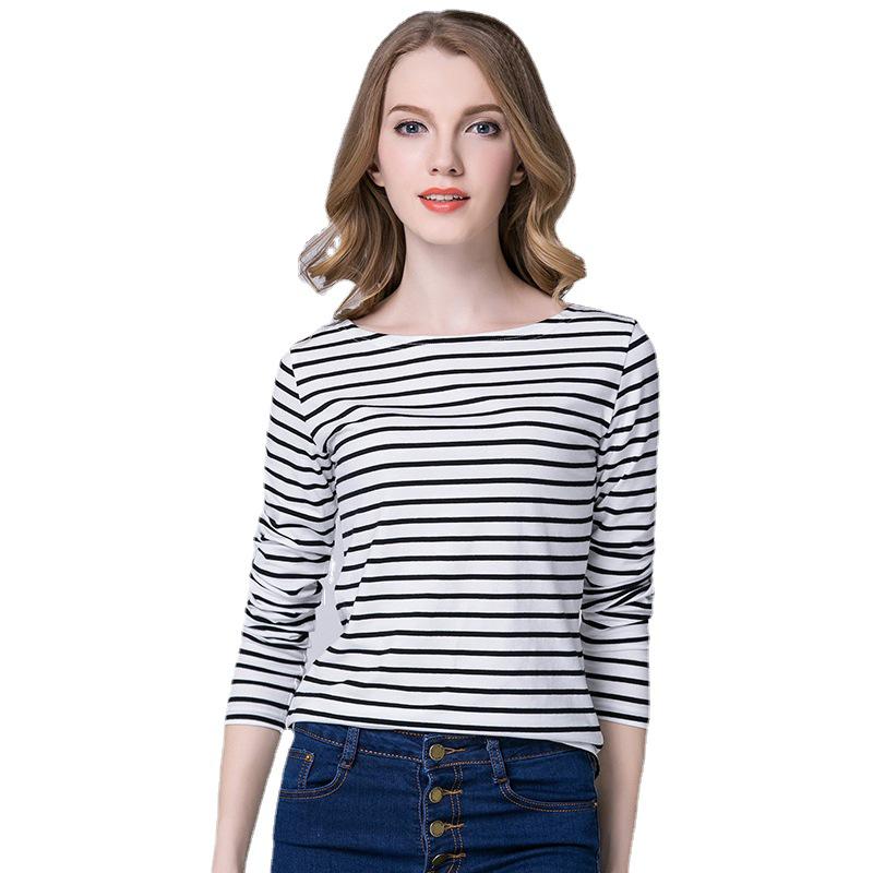 2023 Spring Women's One-Shoulder Black & White Striped Long Sleeve T-Shirt
