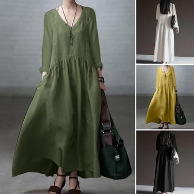 Women's V - Neck Long Sleeve Sundress - Spring Autumn Elegant Maxi Dress, Relaxed Fit Casual Solid Color for Everyday To Occasion