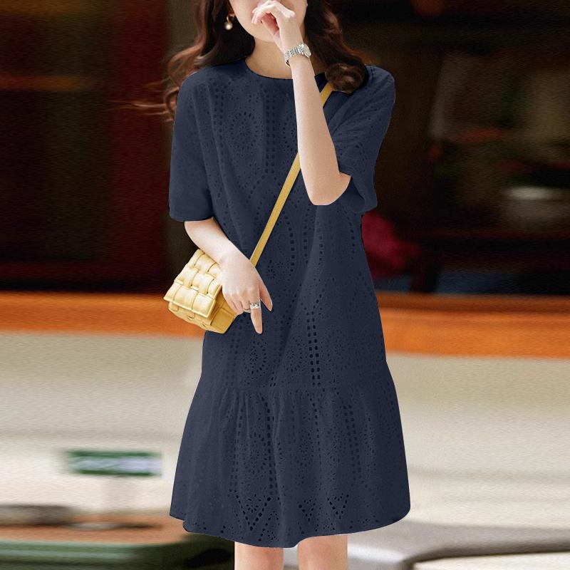 

ZANZEA Жіноча літня повсякденна в язана гачком сукня з круглим вирізом і коротким рукавом M темно-синього кольору