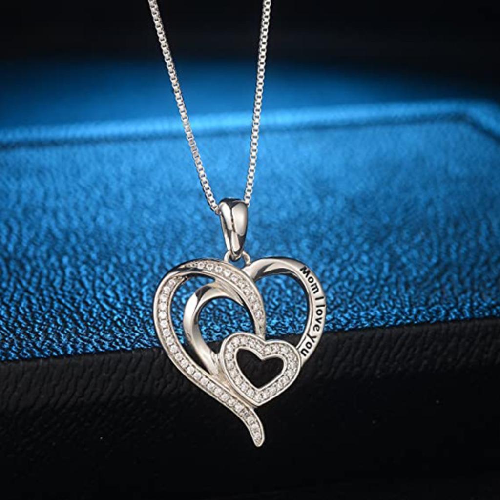 Mom I Love You Engraved Double Heart Pendant Necklace with Sparkling Stone Border Sentimental Mother Jewelry for Women