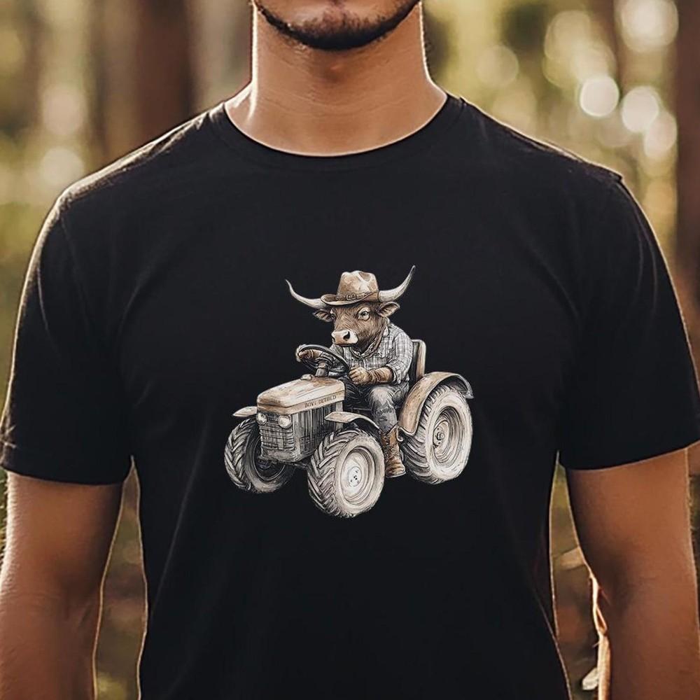26 Cow on Tractor Shirt Men, Funny Western T-Shirt with Cowboy Cow, Animal Moti Unisex T-Shirt L