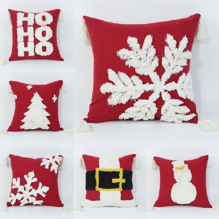 Christmas Tufed Pillow Cover Cotton Embroidered Couch Living Room Bedroom