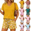 Women Two Piece Set V Neck Short Sleeve Top and Elastic Waist Drawstring Shorts Casual Lounge Wear Summer Pajama Set